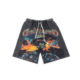 Hip-hop shorts volcano skull printingloose washed retro distressed casualtrendyshorts half length guard pants