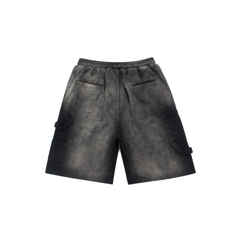 Hip-hop shorts american high street hip hop street big gletterprinting washed distressed lumberjack workwear shorts half length pants