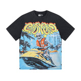 Cross-border gs american high street washed retro skull racing machine girl printing short-sleeved fashion