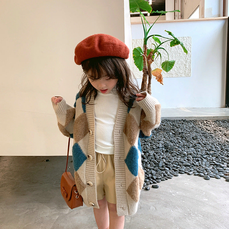 Girl Jacket Women's Teens Coat Diamond Plaid Autumn and Winter Clothing