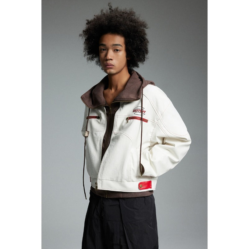 Unisex Baseball Jersey Vintage PU Leather Jacket Loose Stand-Up Jacket