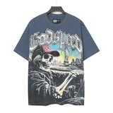 High version gods short sleeve heavy weight washed fog high street rock band skull pure cottonprinting round