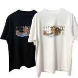 Cat print brushed double gauze pure cotton short sleeve t-shirt for men