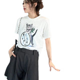 Real shot: summer loose-fit cat print short-sleeve t-shirt