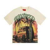 Cross-border gs american high street washed retro skull racing machine girl printing short-sleeved fashion