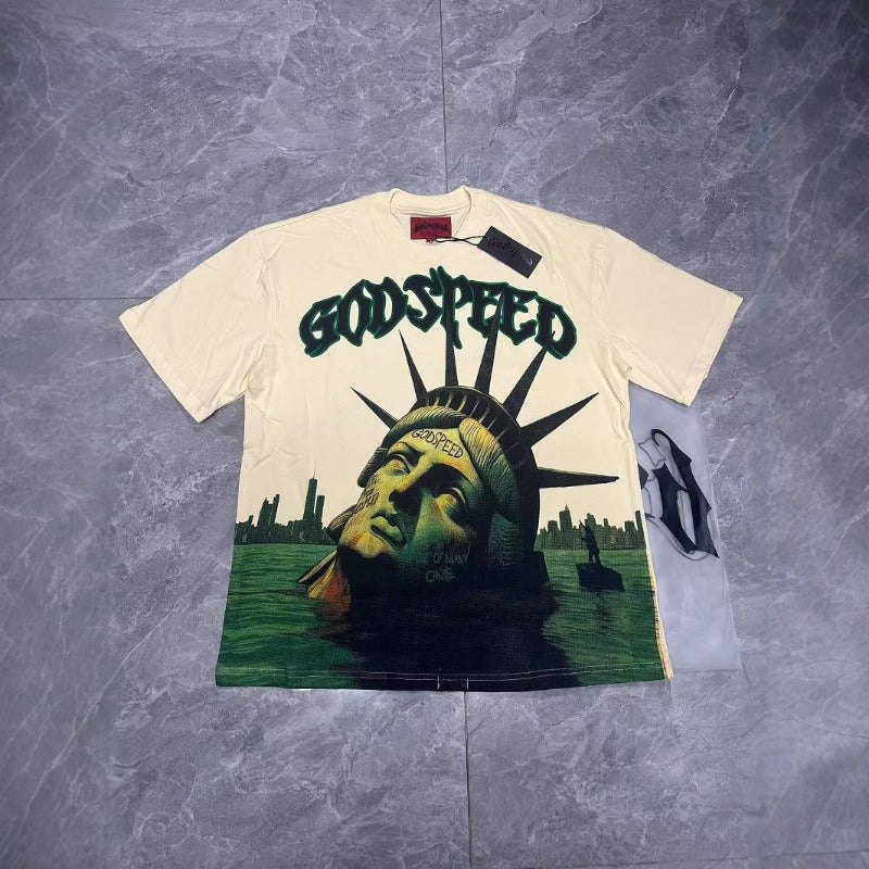 gods short-sleeved heavy weight washed fog high street rock band skull pure cottonprinting t-shirt