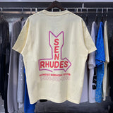 Rhude T Shirts Sunday Morning Fever Pink Arrow Print Men's and Women's Crew Neck Short Sleeves