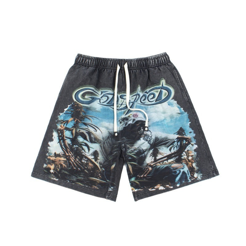 Hip-hop shorts american blue sky and white clouds skull planting printing high street loose shorts half lengthcasual pants