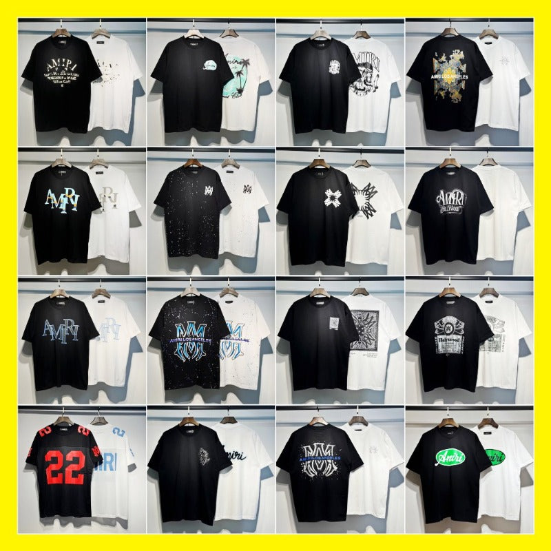 amri flow paint graffiti letter starry sky classic logo print short sleeve couple t-shirt