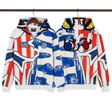 streetwear zip hoodie cartoon letter print zip-up sweatshirt and pants camouflage set