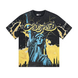 Cross-border gs american high street washed retro skull racing machine girl printing short-sleeved fashion
