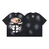 Ss american skull washed and distressed letter loose plus size short sleeve streetwear t-shirt - men's trendy style
