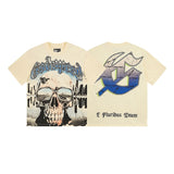 European and american high street gd rock heavy industry washed distressed skull letter speed short sleeve