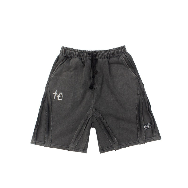 Hip-hop shorts american high street half length pantsflap pocket pants mid-waistlooseembroider washed distressed terry casualshorts for men
