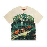 Cross-border gs american high street washed retro skull racing machine girl printing short-sleeved fashion