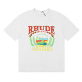 Rhude T Shirts Sunset Beach Pattern Printed Cotton Casual Short Sleeves Men and Women