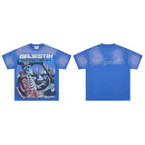 Majestik american street style retroprinting distressed loose hot diamond high street style tops short-sleeved t-shirt