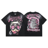 Ss american skull washed and distressed letter loose plus size short sleeve streetwear t-shirt - men's trendy style