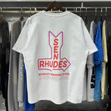 Rhude T Shirts Sunday Morning Fever Pink Arrow Print Men's and Women's Crew Neck Short Sleeves