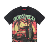 Cross-border gs american high street washed retro skull racing machine girl printing short-sleeved fashion