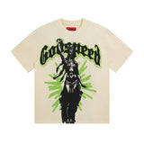Cross-border gs american high street washed retro skull racing machine girl printing short-sleeved fashion