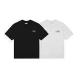 Ready-to-ship, actual product photos: minimalist short-sleeve summer t-shirt with reverse logo print and lettering