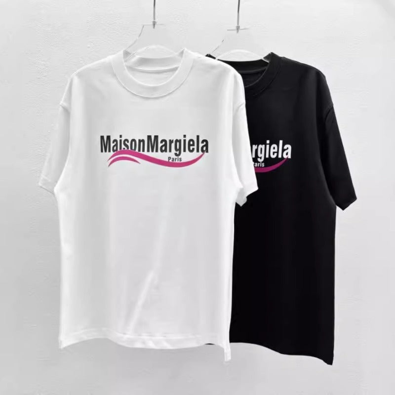 Maison margiela mmletter digital direct injection dragon fruit color wavy strip flocking short-sleeved t-shirt