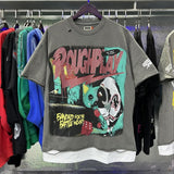 High street style roughplay gorilla print tee - distressed ripped faux layered short sleeve - american retro trend