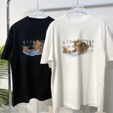 Cat print brushed double gauze pure cotton short sleeve t-shirt for men