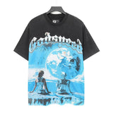 Cross-border wholesale high version gods short-sleeved heavy weight washed fog high street skull pure cotton printed round
