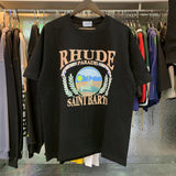 Rhude T Shirts Sunset Beach Cozy Pattern Printed Cotton Casual Loose Short Sleeve Men and Women