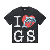 Cross-border gs american high street washed retro skull racing machine girl printing short-sleeved fashion