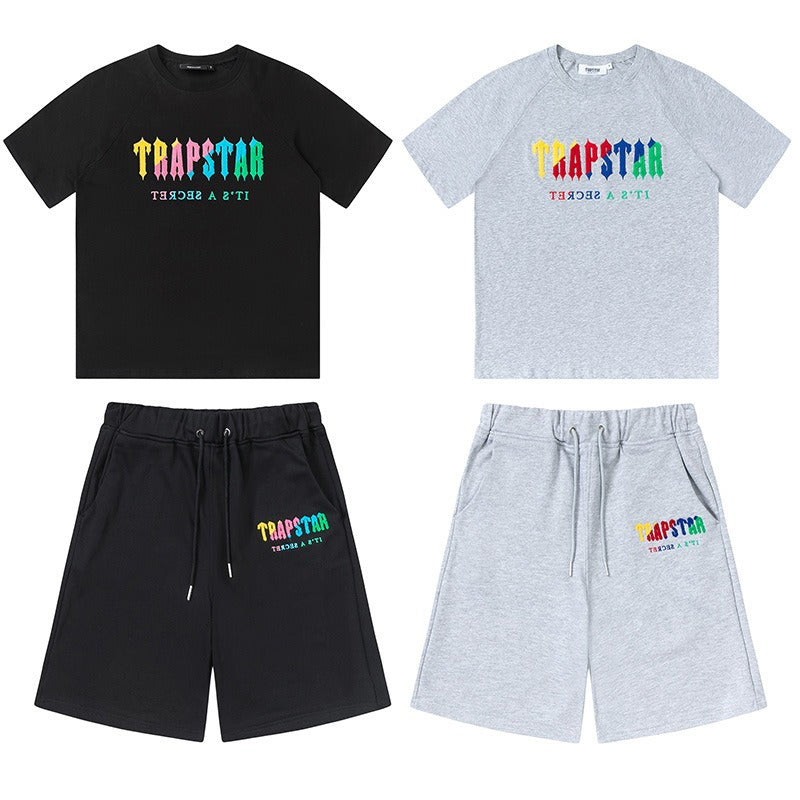 Cross-border trade trapstar rainbow letter gradient towel embroidery short sleeve t-shirt & fog high street shorts set