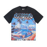 Cross-border gs american high street washed retro skull racing machine girl printing short-sleeved fashion