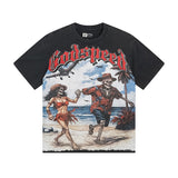 Cross-border gs american high street washed retro skull racing machine girl printing short-sleeved fashion