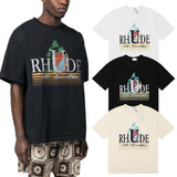 Rhude T Shirts Coconut Sunset Sailing Printing Cotton Casual Loose Short Sleeve Men and Women