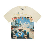 Cross-border gs american high street washed retro skull racing machine girl printing short-sleeved fashion