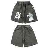 Hip-hop shorts american high street retro distressed washed batik number ghost printingshorts half length pants sweatpants