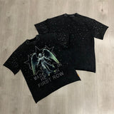 First row american trend high quality washed retro hot diamond casual short-sleeved t-shirt