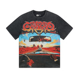 Cross-border gs american high street washed retro skull racing machine girl printing short-sleeved fashion