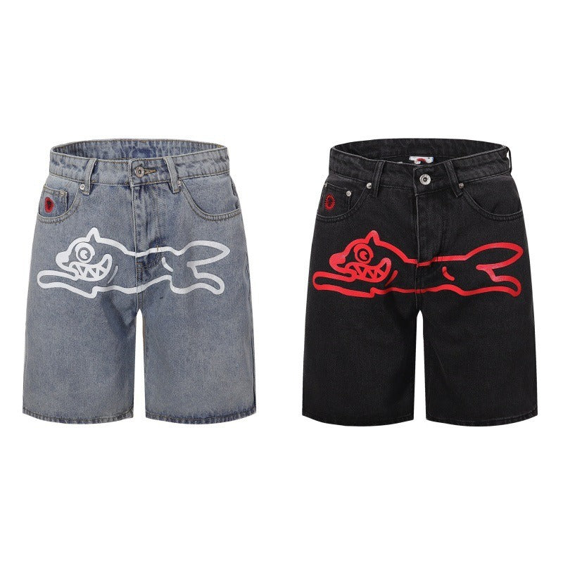 Bbc american high street ice cream flying dog printing short sleeve t-shirt casualshortsloose half lengthjeans summer
