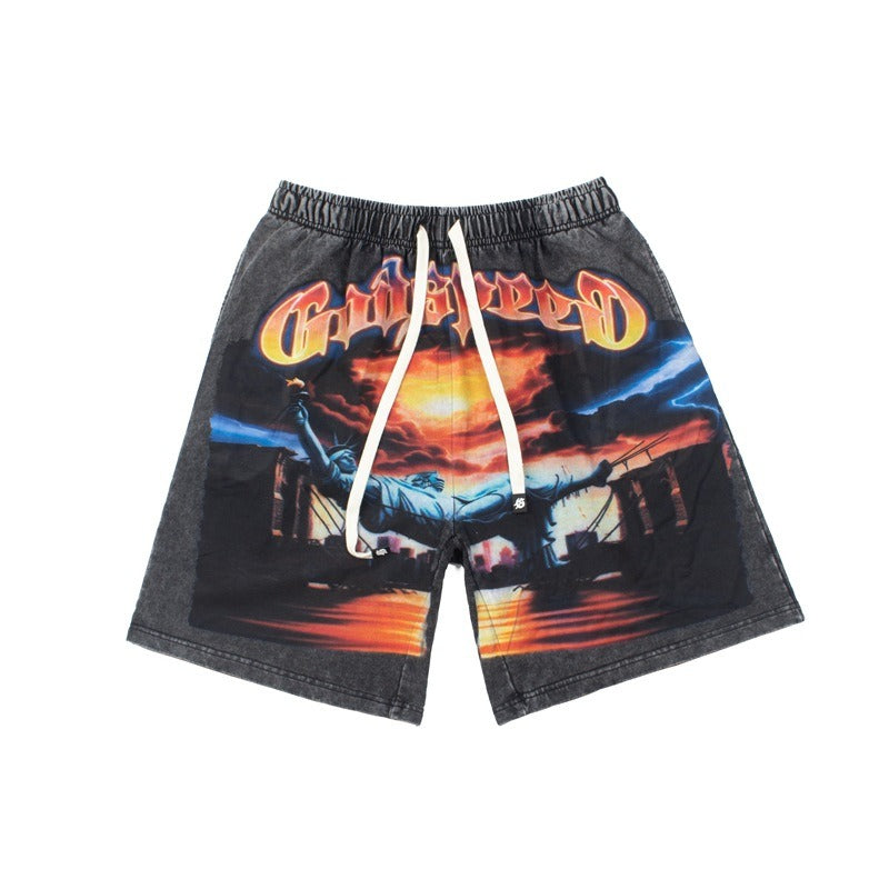 Hip-hop shorts american high street retro fallen statue of liberty washed distressed street trendy shorts hip-hop half length pants