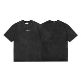 Washed and distressed menletterembroider round neck half sleeve pure cotton short sleeves