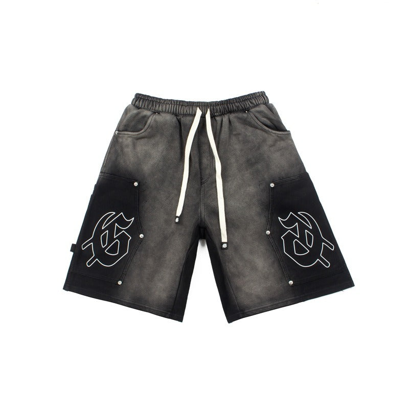 Hip-hop shorts american high street hip hop street big gletterprinting washed distressed lumberjack workwear shorts half length pants