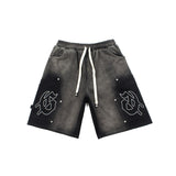 Hip-hop shorts american high street hip hop street big gletterprinting washed distressed lumberjack workwear shorts half length pants