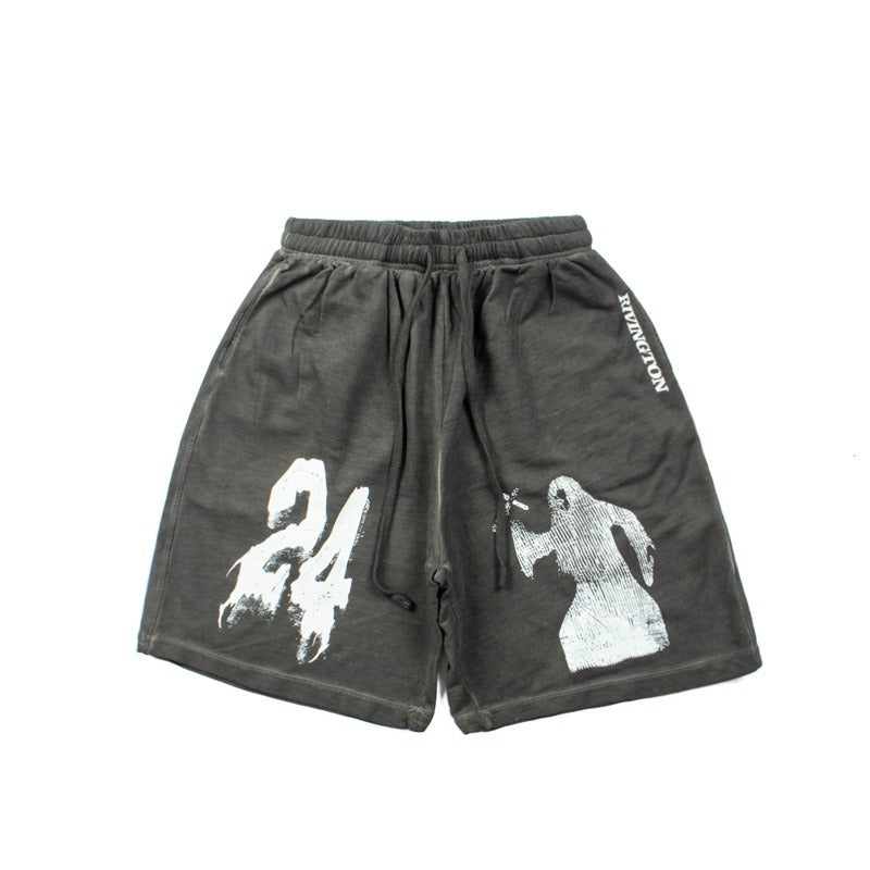 Hip-hop shorts american high street retro distressed washed batik number ghost printingshorts half length pants sweatpants