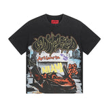 Cross-border gs american high street washed retro skull racing machine girl printing short-sleeved fashion