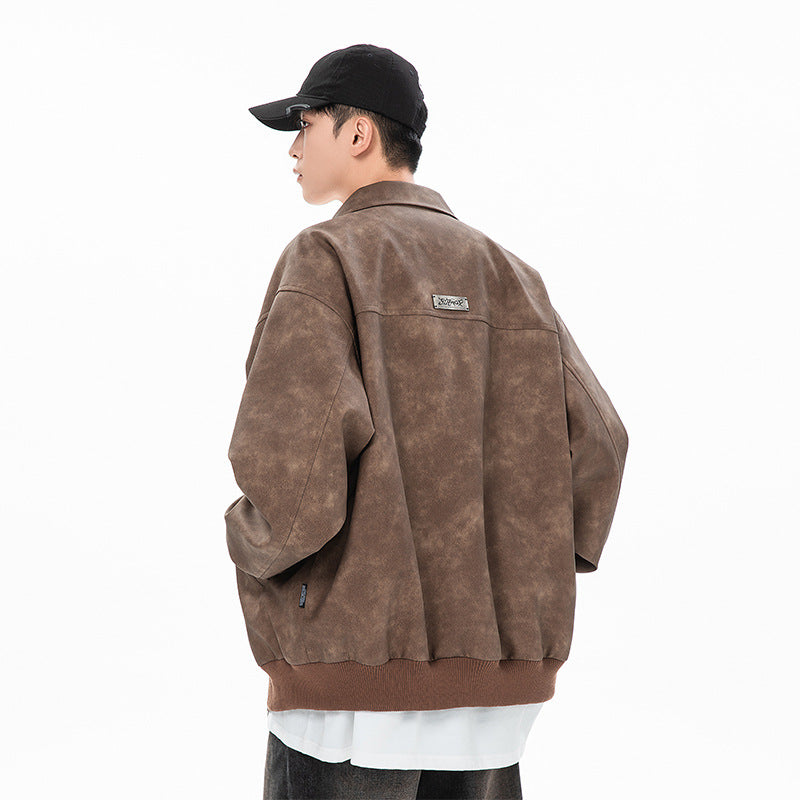 Unisex Baseball Jersey Vintage Lapel Leather Jacket Loose Pu Leather Casual Jacket