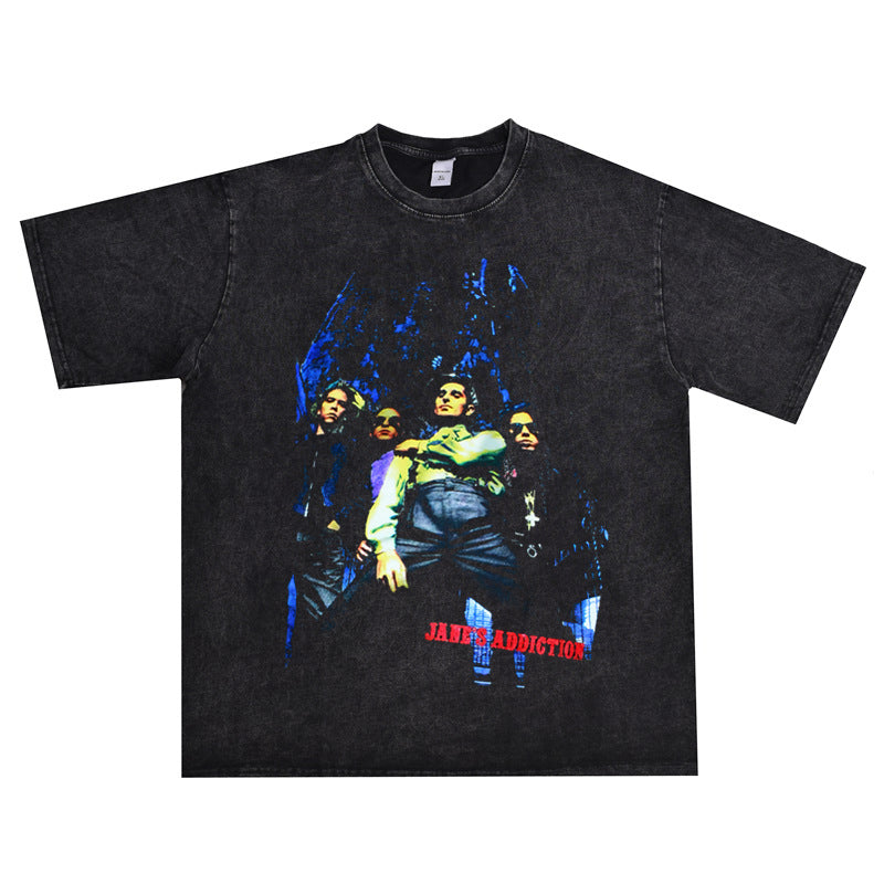 Rock Star T Shirt Rock Ajane's Ddiction Band Washed Distressed Printed T-shirt Loose