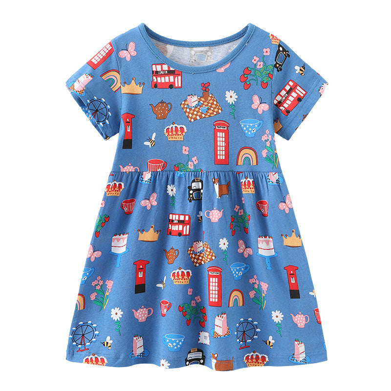 Girl Dress Girls' Summer Knitted Cotton Cartoon Printed Princess Dress Cute Fashion
